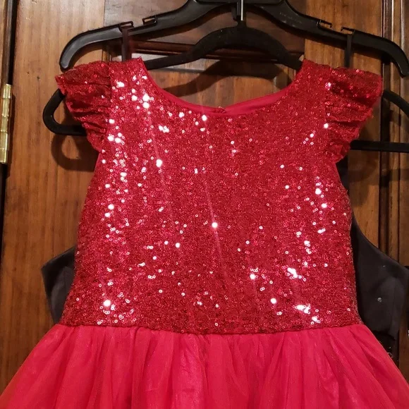 Zunie Red sequin velvet tulle hi-low flower girl flutter sleeve dress gown 10 12